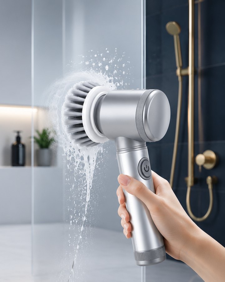 Brosse rotative électrique nettoyant une paroi de douche pour enlever le calcaire