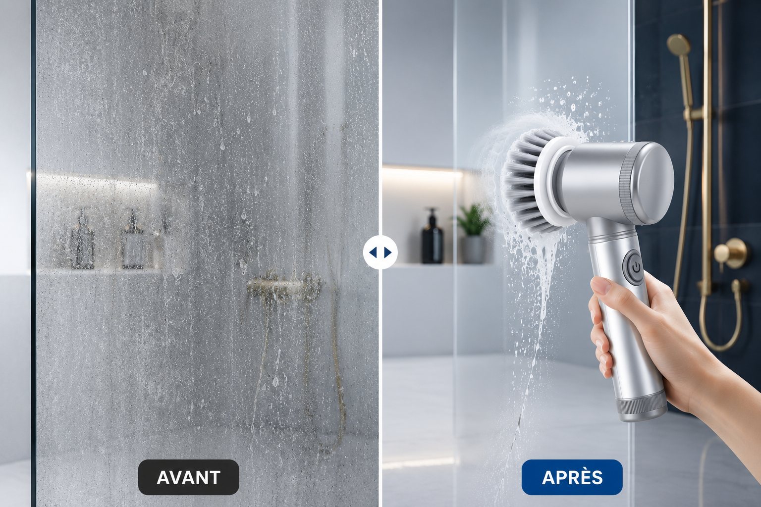 Avant / après : paroi de douche nettoyée avec la brosse électrique Klyn