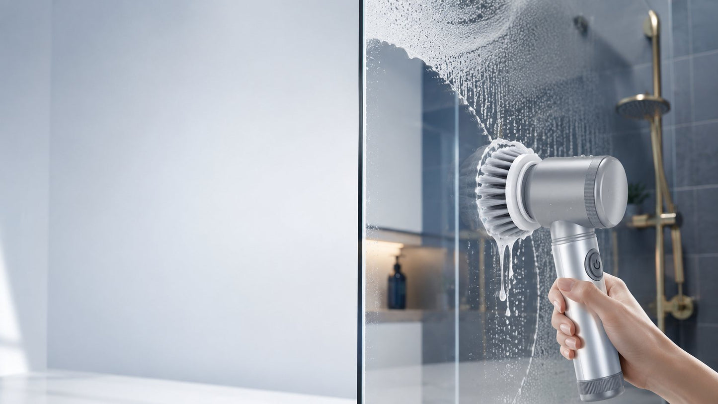 Brosse électrique Klyn nettoyant une paroi de douche