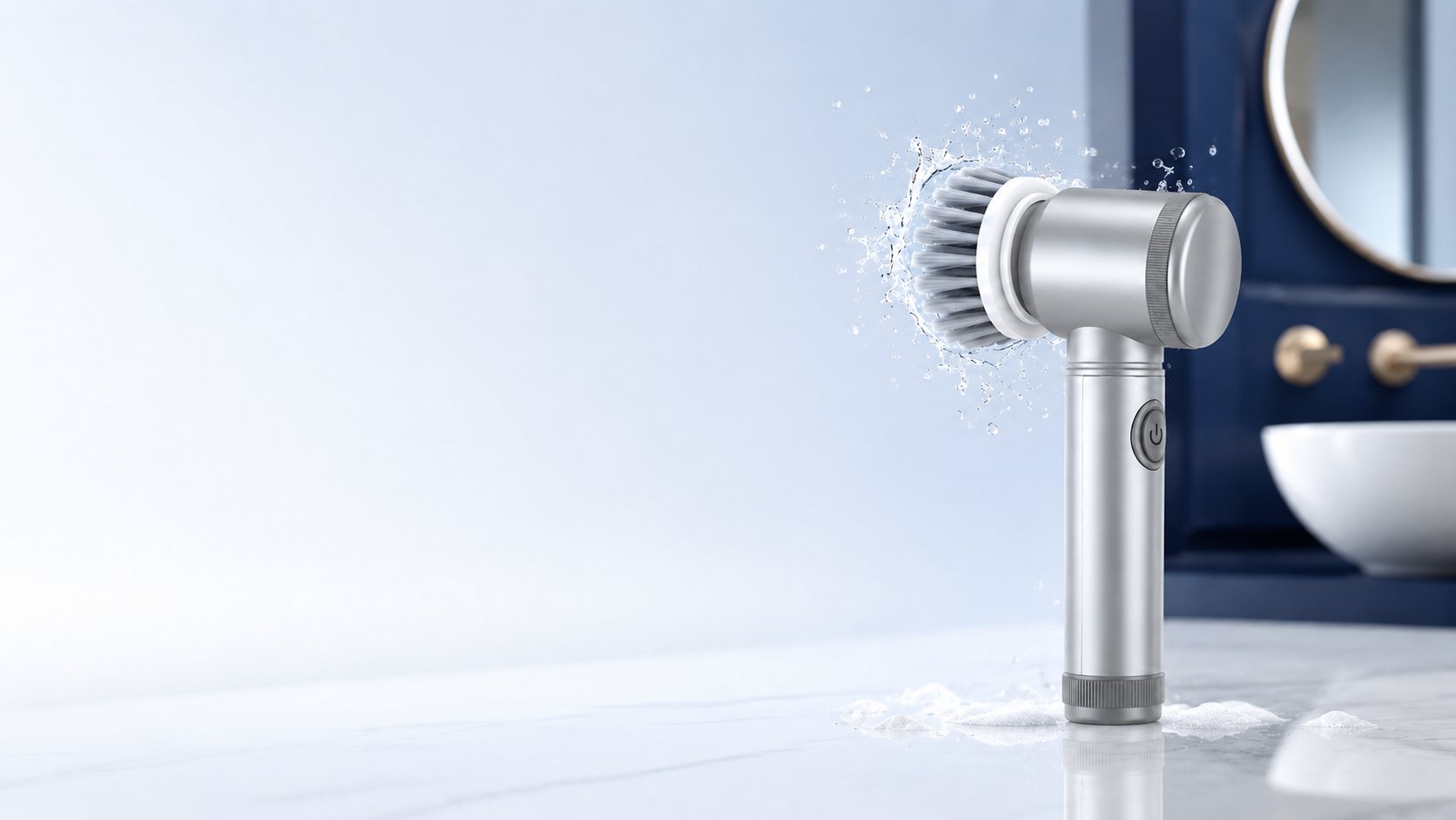 Brosse électrique rotative Klyn dans une salle de bain, projection d'eau